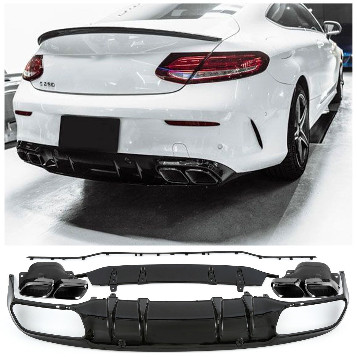 Diffuseur + Embouts d'échappement (Noir) pour Mercedes Classe C A205 C205 | 2014-2021